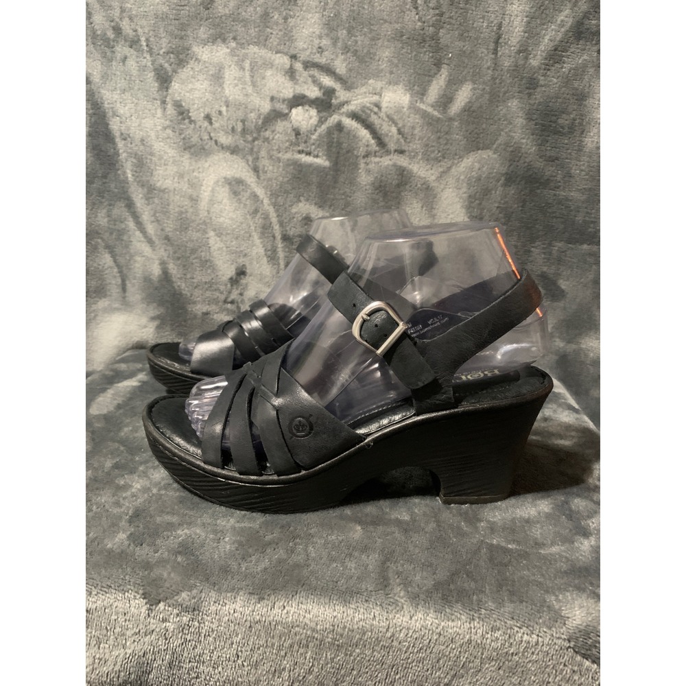 Born Sandals Womens 7 F45103 Black Leather Strappy Buckle Wedge Handcrafted EUC